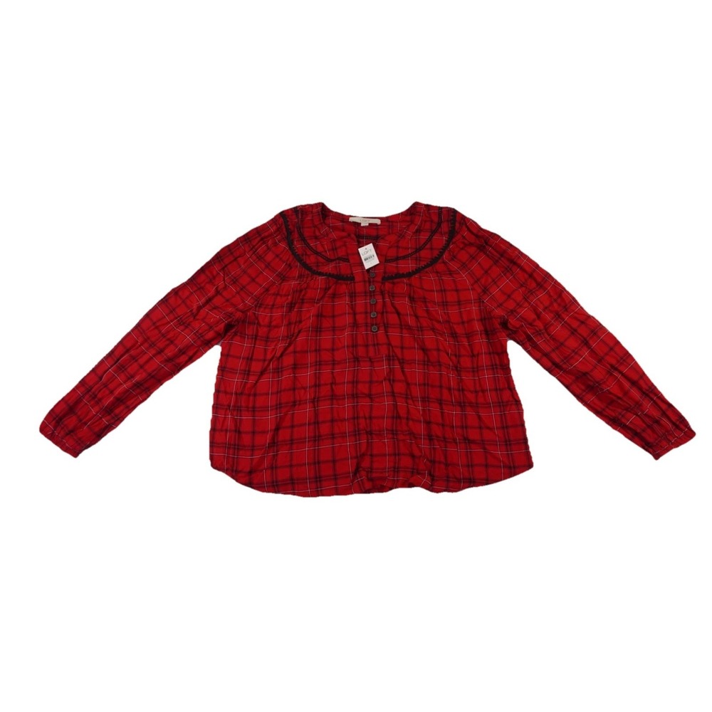 Loft Blouse Top Womens Large Red Black Window Check Henley Neck Puff Sleeve